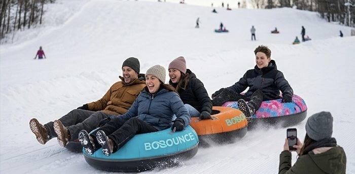 Inflatable snow tubes | snow tubes with backseats|BTEK Thailand PVC factory Friends winter tubing down a hill on heavy-duty B-TEK BOBOUNCE inflatable PVC snow tubes with canvas cover.