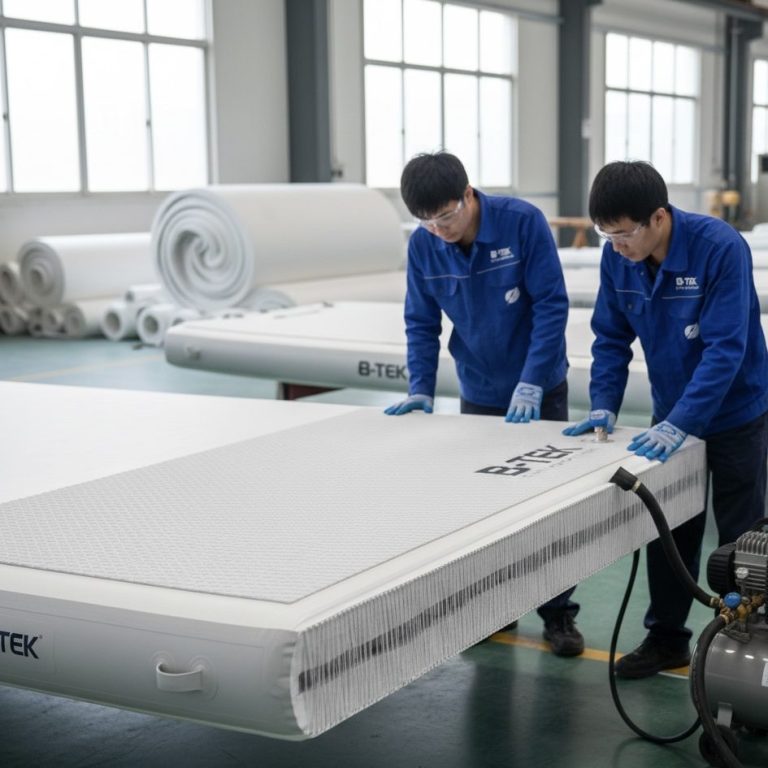 High-PSI drop-stitch fiber integration for PVC and TPU aquatic platforms.