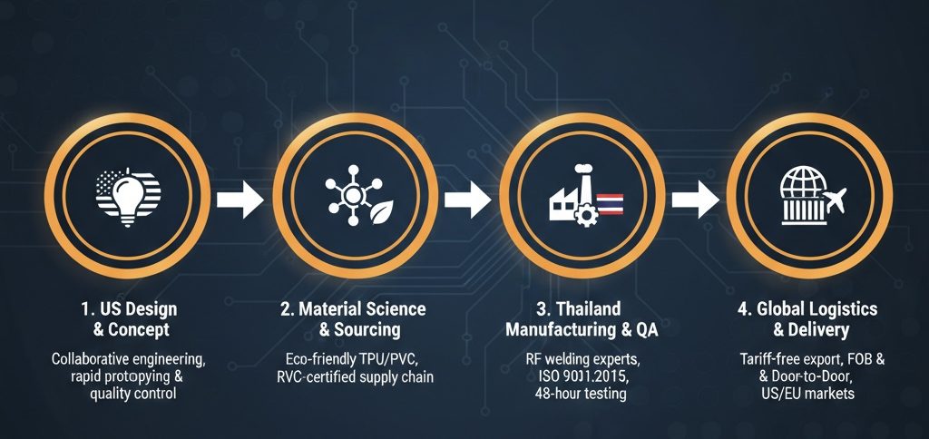 B-TEK OEM journey: US technical design, RVC-certified Thailand manufacturing, and global tariff-free logistics.