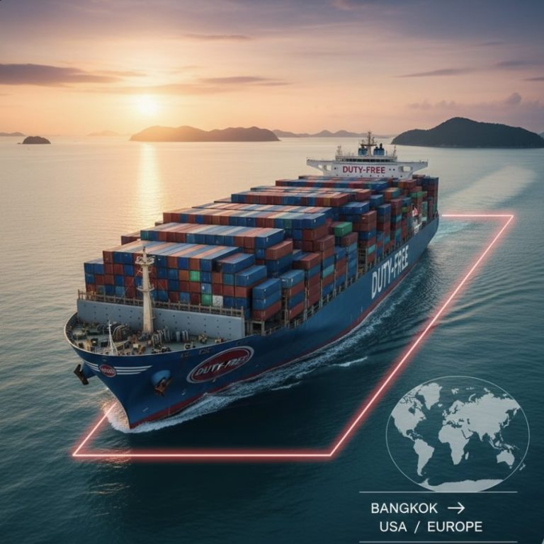 B-TEK global logistics showing shipping containers for tariff-optimized PVC and TPU export from Thailand to US and European markets.