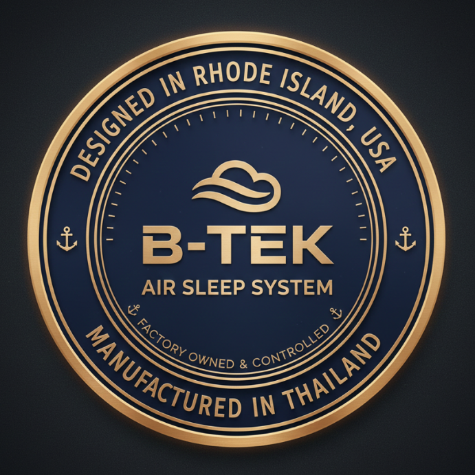 Official B-TEK engineering seal representing USA design and wholly-owned ISO-certified PVC and TPU manufacturing facility in Thailand.
