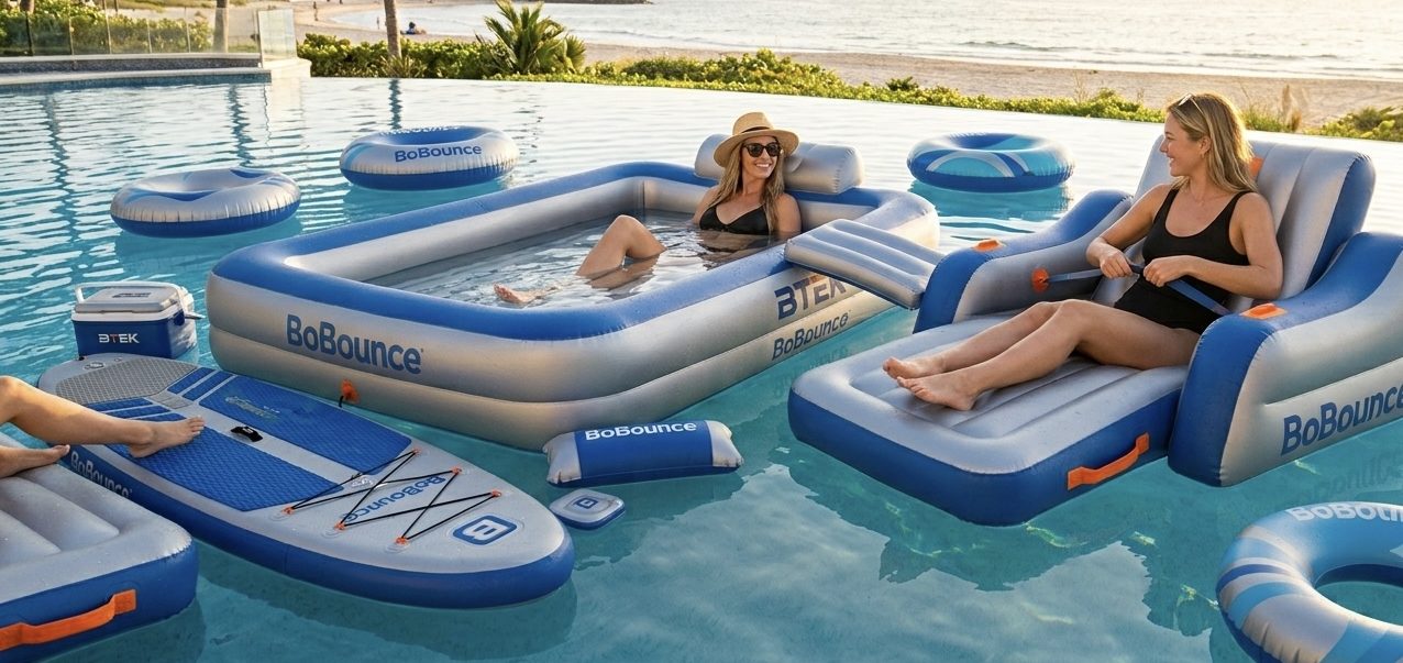 BoBounce Inflatable Pool Floats and Water Leisure Series BoBounce by B-TEK water leisure series lifestyle featuring premium inflatable pool floats, hammocks, loungers, pool chairs, tanning pools