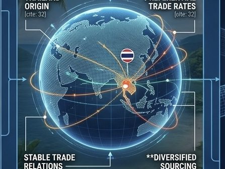 China Plus One Supply Chain Security Global supply network logistics map diversified sourcing strategy and risk mitigation through stable Thailand-based manufacturing hubs.
