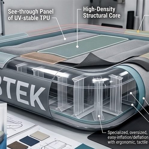 Advanced Inflatable Engineering | Material Composite Manufacturing Thailand factory featuring advanced mesh inserts, integrated cooling fabrics, and supportive multi-layer PVC structure technology.