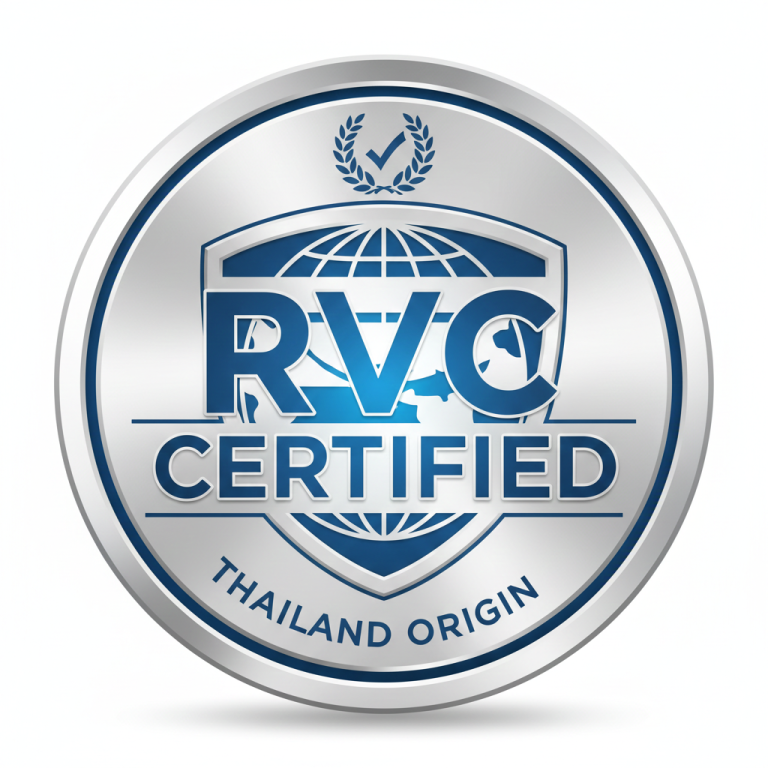 RVC-certified Thailand origin badge for tariff-free PVC and TPU manufacturing, providing duty-free export status for global OEM partners.