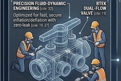 Airtight Hardware Integration Expertise 3D schematic detailing specialized hardware component integration, dual-flow valve, and 48-hour pressure testing for airtight PVC products.