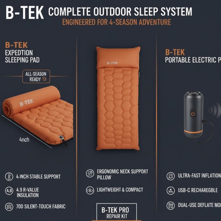 B-TEK Nexus Mini Air Pump technology, a compact and powerful inflation system designed for integrated sleep system performance.