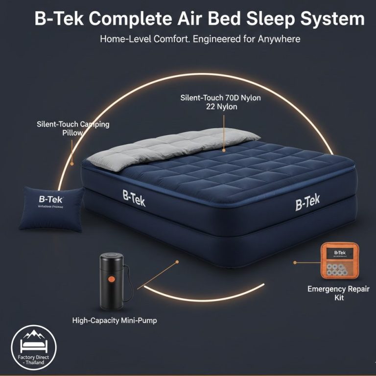 B-TEK Nexus Series high-height PVC and TPU air bed with built-in pump.